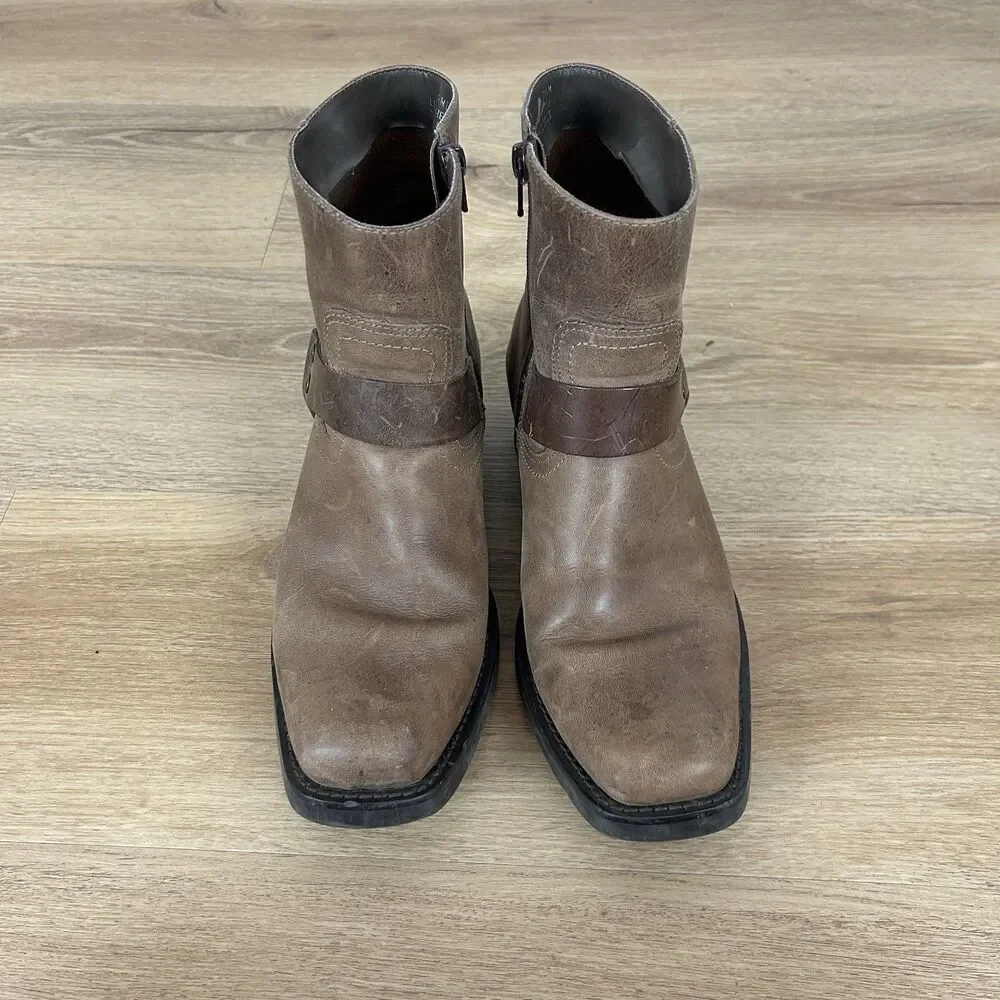 Brown Leather Harness Boots Size 7.5 Ankle Cowgirl Western Boho Square Toe